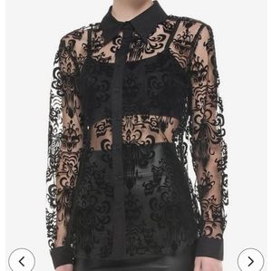 Her Universe Haunted Mansion Wallpaper Flocked Button Down Top